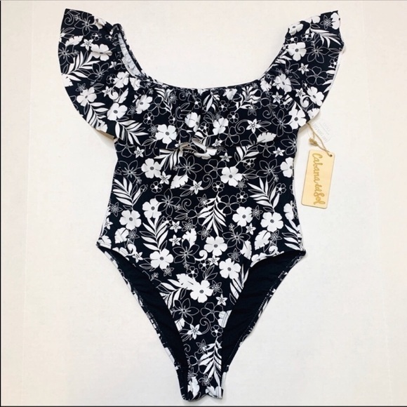 NWT Cabana Del Sol Hollywood floral ruffle off shoulder swimsuit Medium M 8 10 - Picture 3 of 7